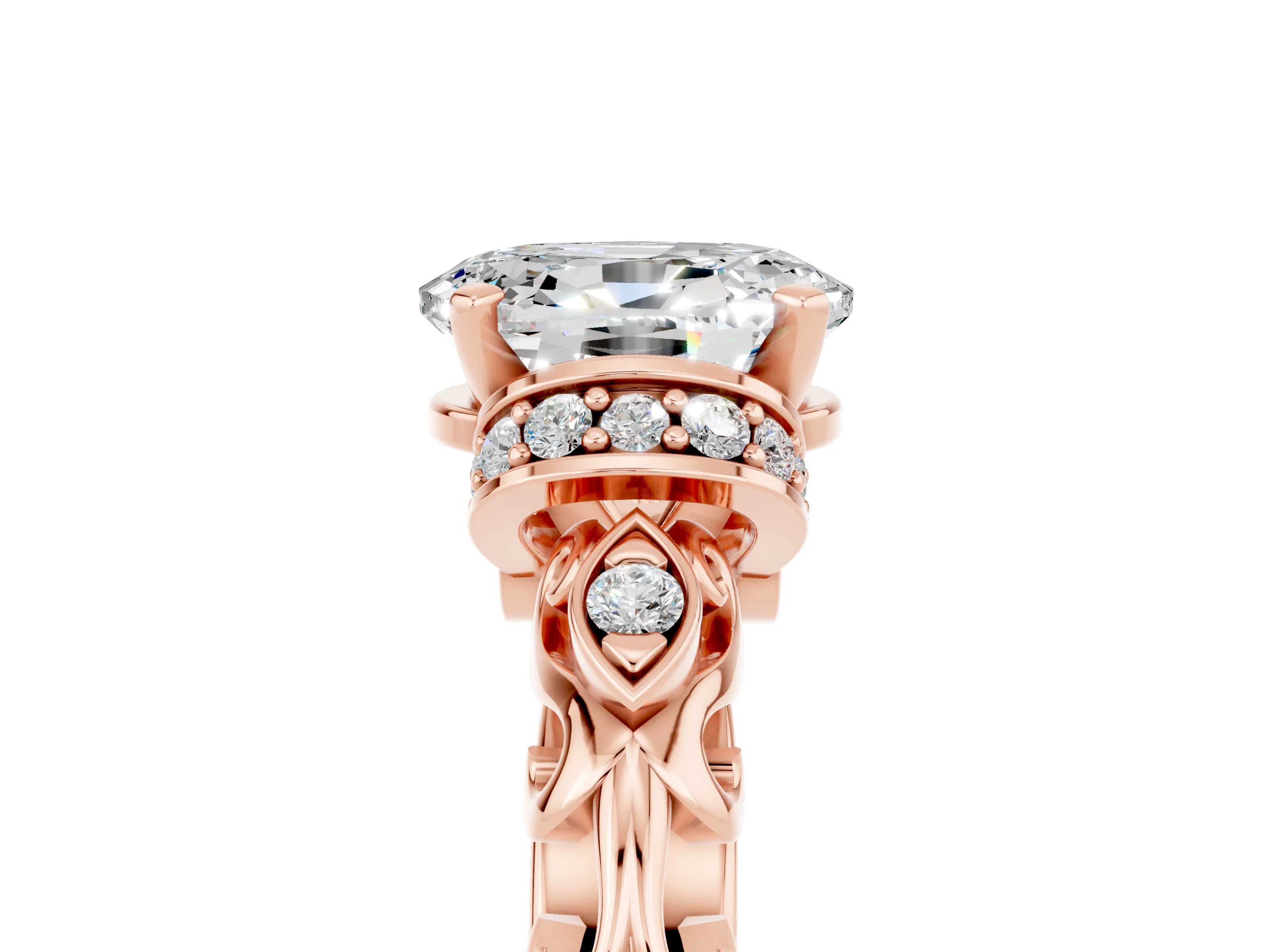Rose gold Oval Cut Moissanite Solitaire Ring with Filigree Band and Four-Prong Setting_29