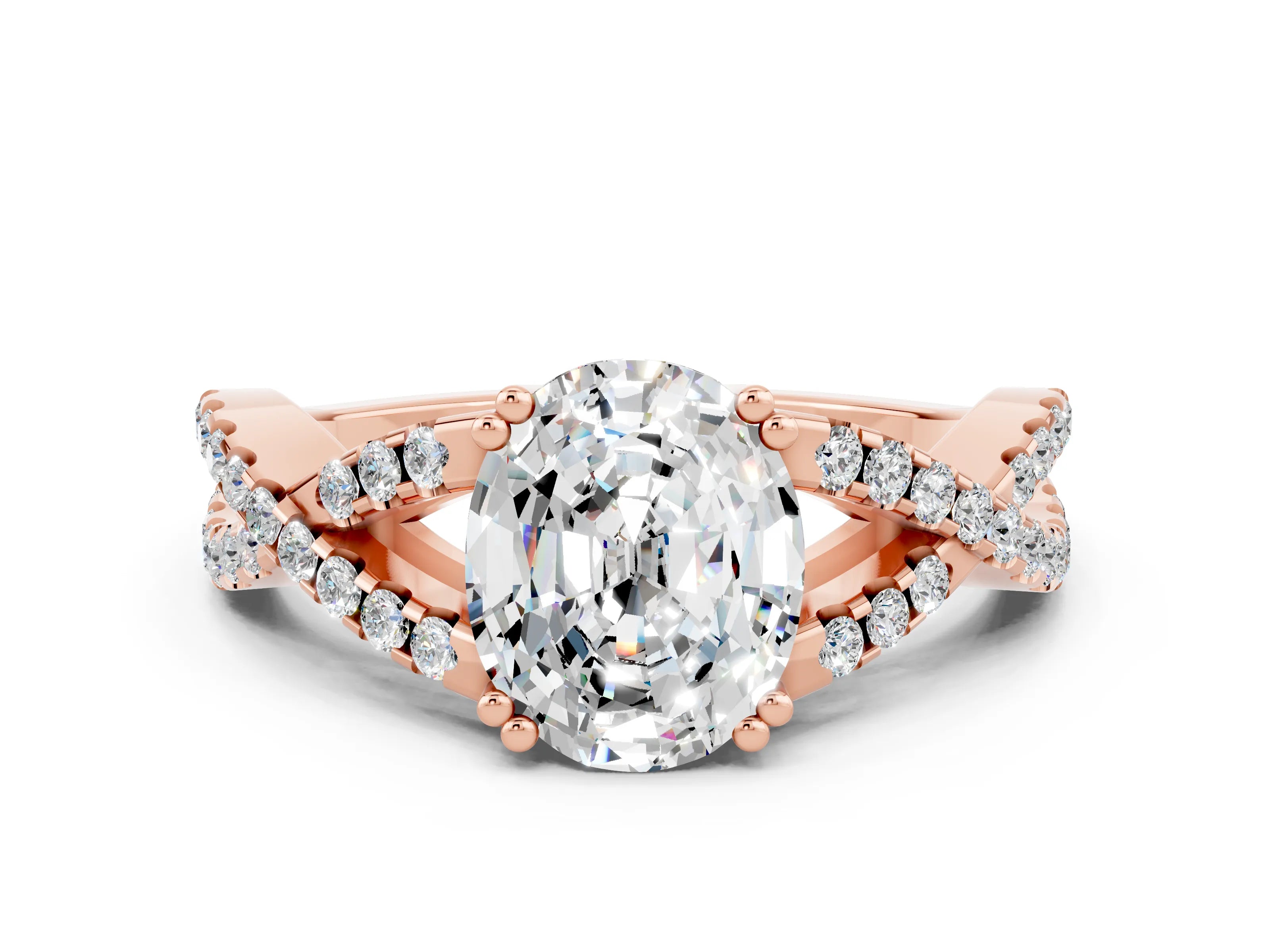 Rose gold Oval Cut Moissanite Solitaire Ring with Four-Prong Setting and Twisted Pavé Band