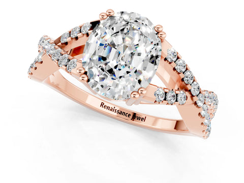 Rose gold Oval Cut Moissanite Solitaire Ring with Four-Prong Setting and Twisted Pavé Band_1