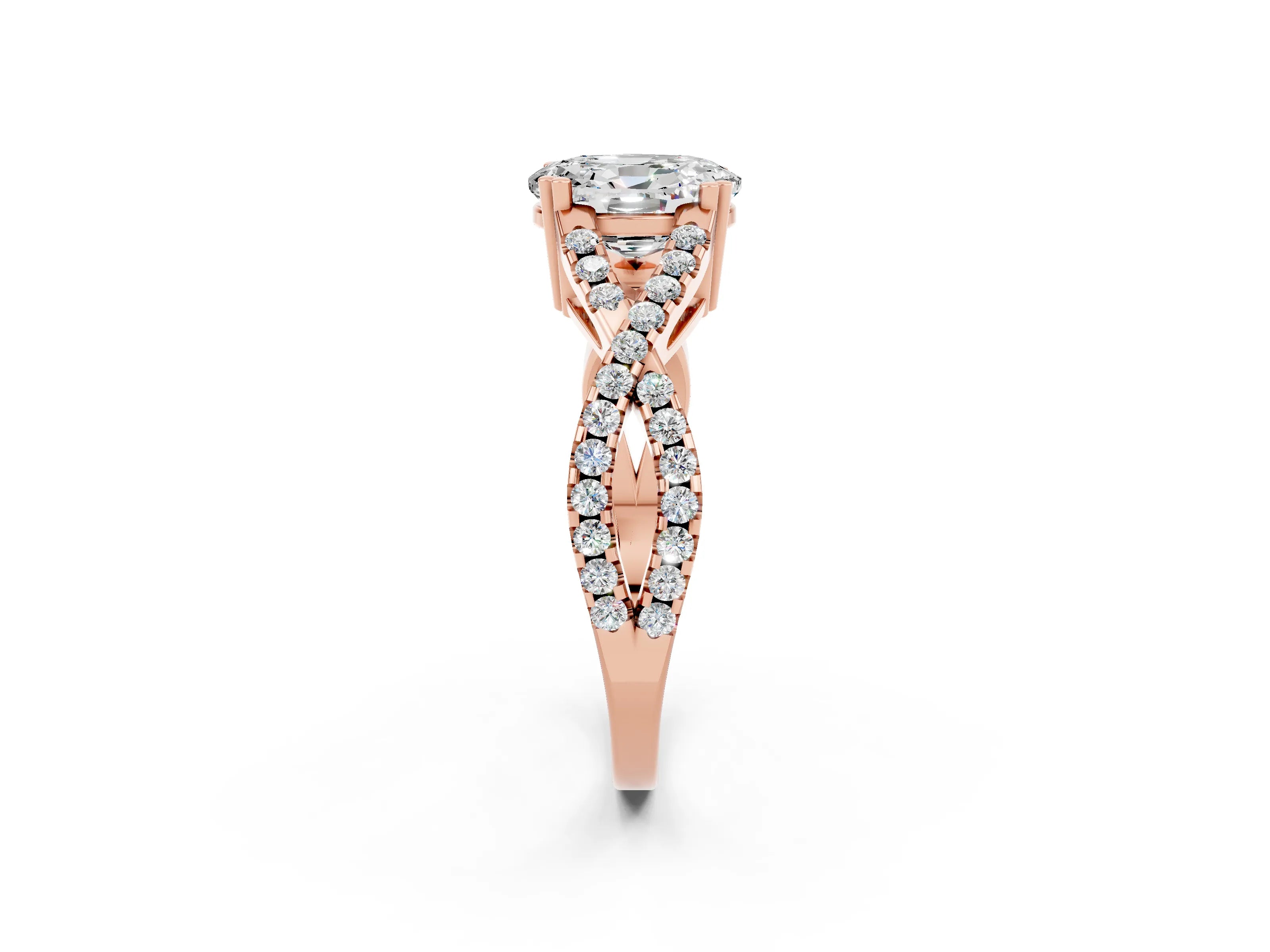 Rose gold Oval Cut Moissanite Solitaire Ring with Four-Prong Setting and Twisted Pavé Band_2