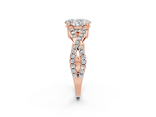 Rose gold Oval Cut Moissanite Solitaire Ring with Four-Prong Setting and Twisted Pavé Band