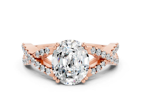 Rose gold Oval Cut Moissanite Solitaire Ring with Four-Prong Setting and Twisted Pavé Band