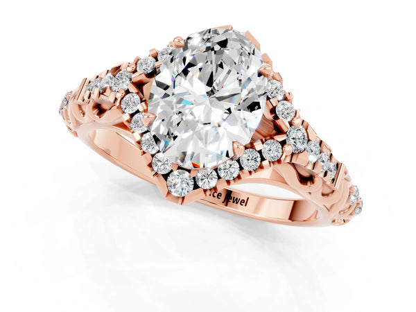 Rose gold Oval Cut Moissanite Solitaire Ring with Hidden Halo and Pavé Band