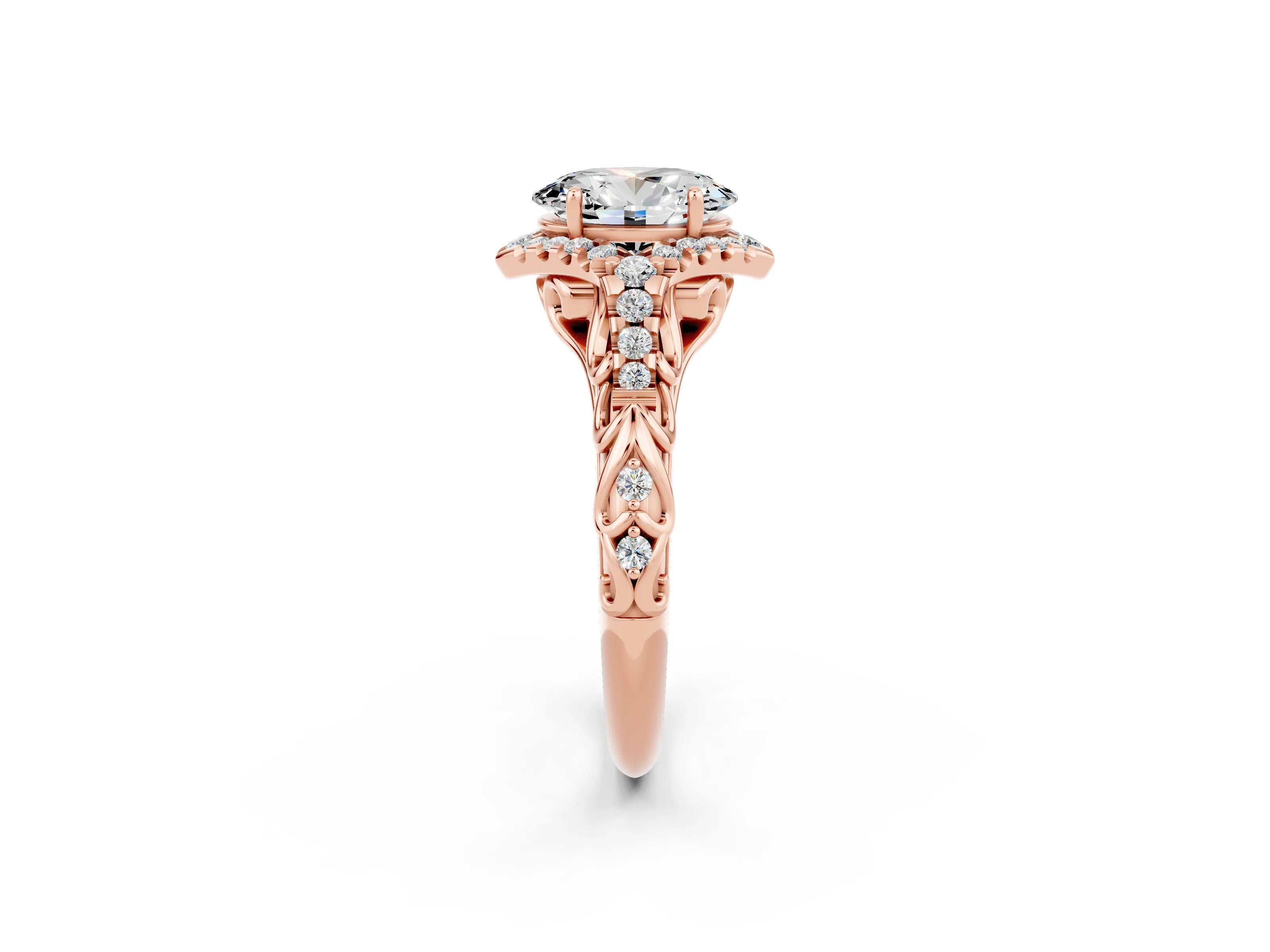 Rose gold Oval Cut Moissanite Solitaire Ring with Hidden Halo and Pavé Band_14