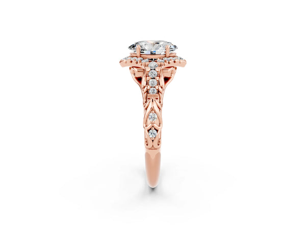 Rose gold Oval Cut Moissanite Solitaire Ring with Hidden Halo and Pavé Band