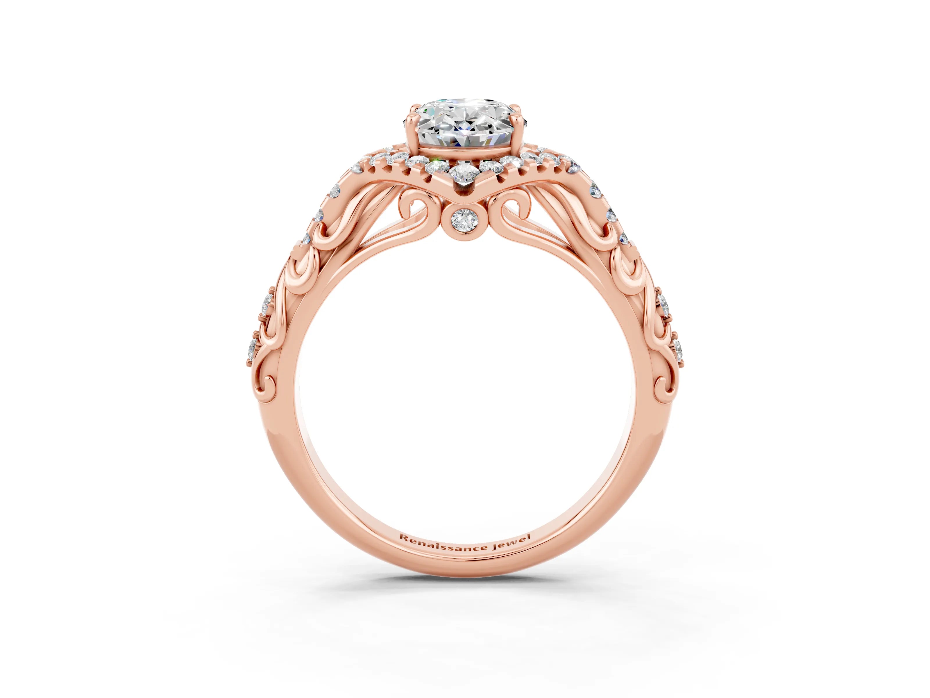 Rose gold Oval Cut Moissanite Solitaire Ring with Hidden Halo and Pavé Band_15