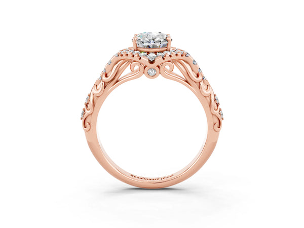 Rose gold Oval Cut Moissanite Solitaire Ring with Hidden Halo and Pavé Band