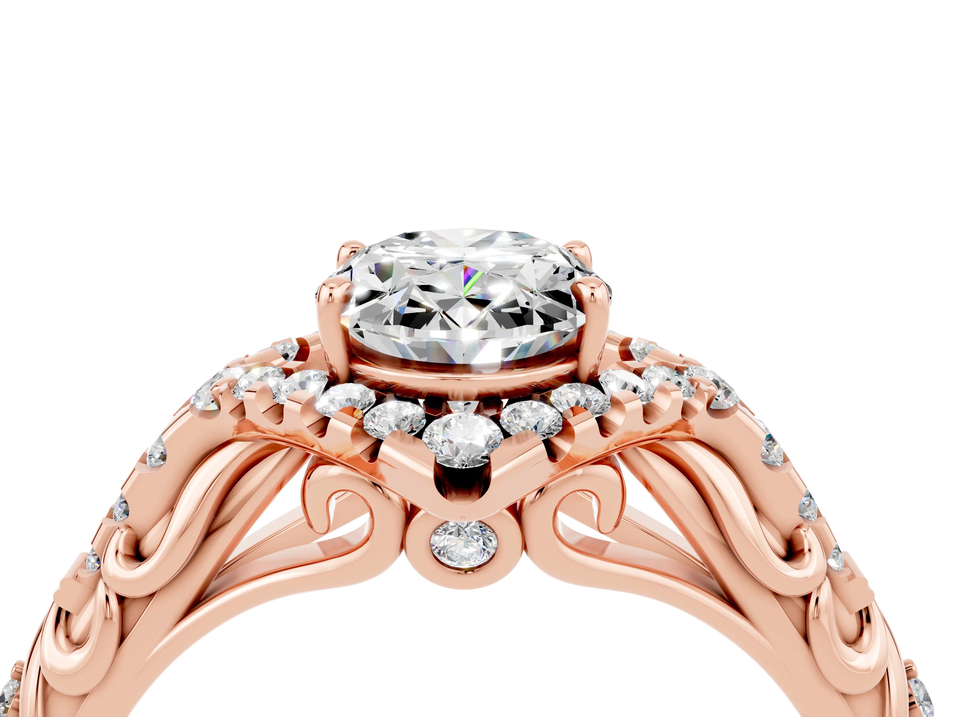Rose gold Oval Cut Moissanite Solitaire Ring with Hidden Halo and Pavé Band_16