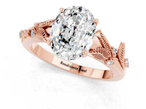 Rose gold Oval Cut Moissanite Solitaire Ring with Leaf Motif Band and Four-Prong Setting_1