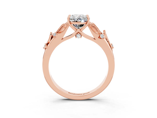 Rose gold Oval Cut Moissanite Solitaire Ring with Leaf Motif Band and Four-Prong Setting
