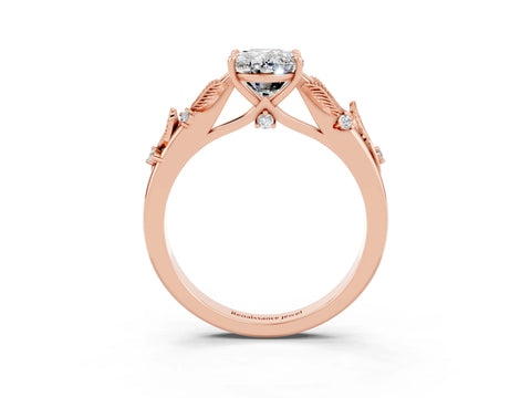 Rose gold Oval Cut Moissanite Solitaire Ring with Leaf Motif Band and Four-Prong Setting_3