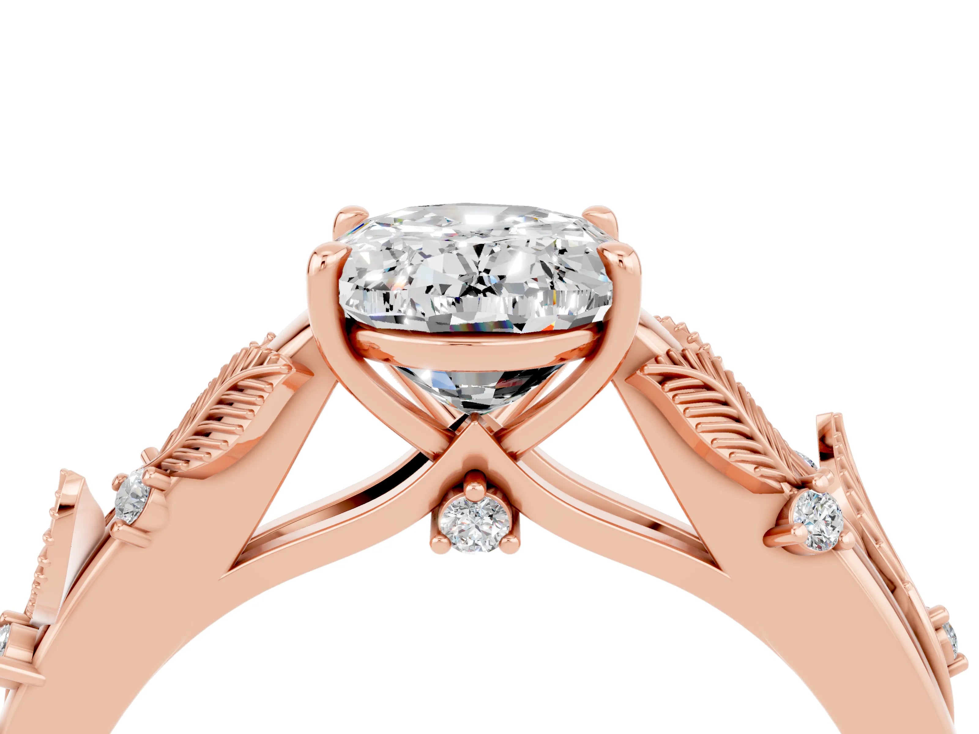 Rose gold Oval Cut Moissanite Solitaire Ring with Leaf Motif Band and Four-Prong Setting_4
