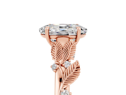 Rose gold Oval Cut Moissanite Solitaire Ring with Leaf Motif Band and Four-Prong Setting_5