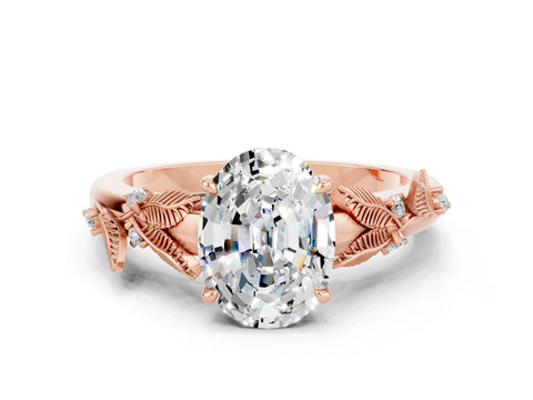 Rose gold Oval Cut Moissanite Solitaire Ring with Leaf Motif Band and Four-Prong Setting