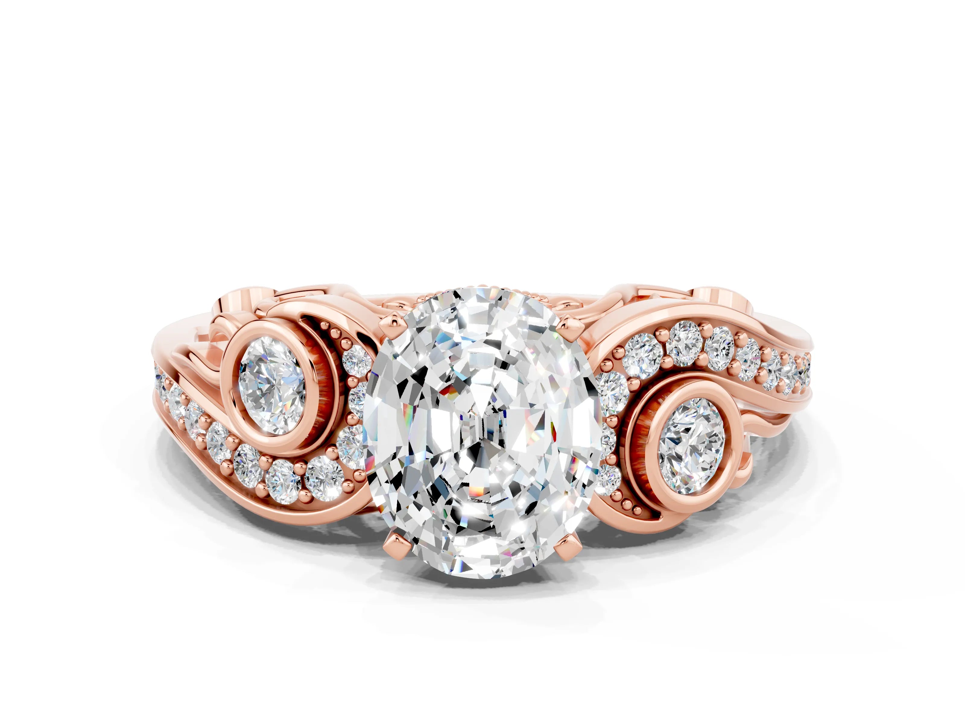 Rose gold Oval Cut Moissanite Solitaire Ring with Milgrain Pavé Band and Four-Prong Setting_24