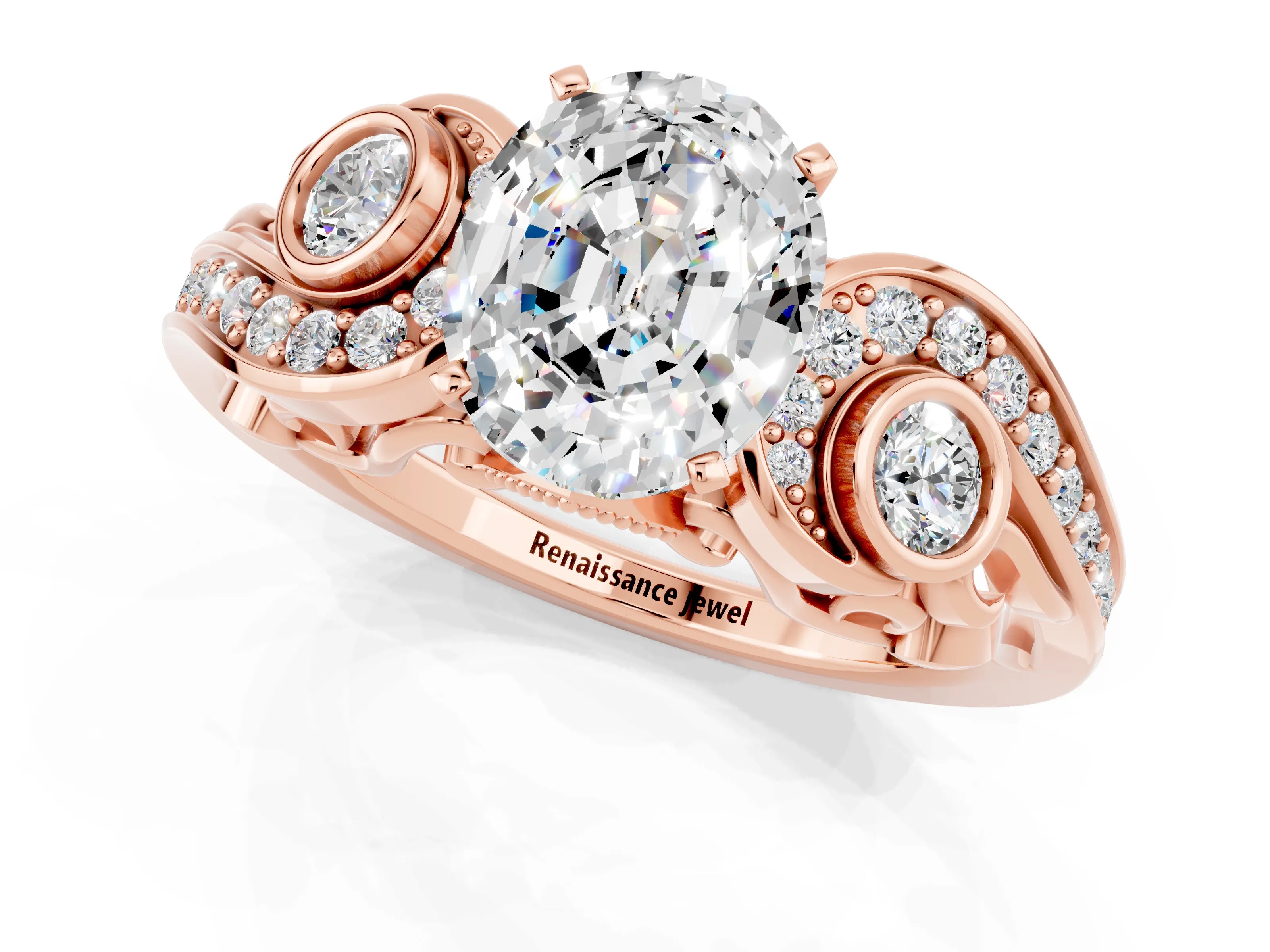 Rose gold Oval Cut Moissanite Solitaire Ring with Milgrain Pavé Band and Four-Prong Setting_25