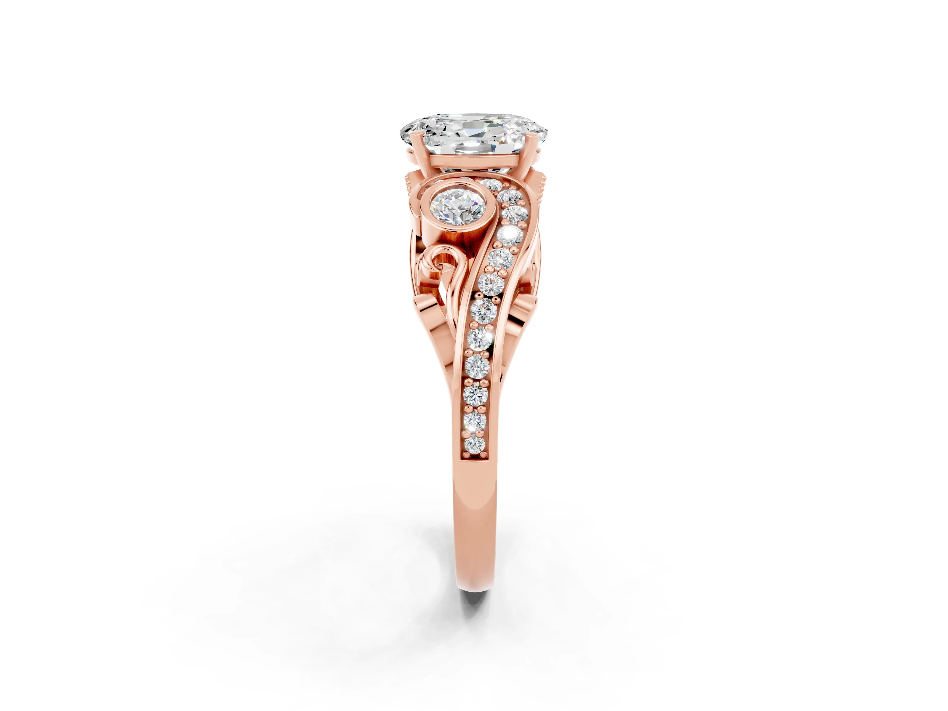 Rose gold Oval Cut Moissanite Solitaire Ring with Milgrain Pavé Band and Four-Prong Setting_26