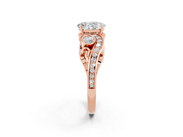 Rose gold Oval Cut Moissanite Solitaire Ring with Milgrain Pavé Band and Four-Prong Setting