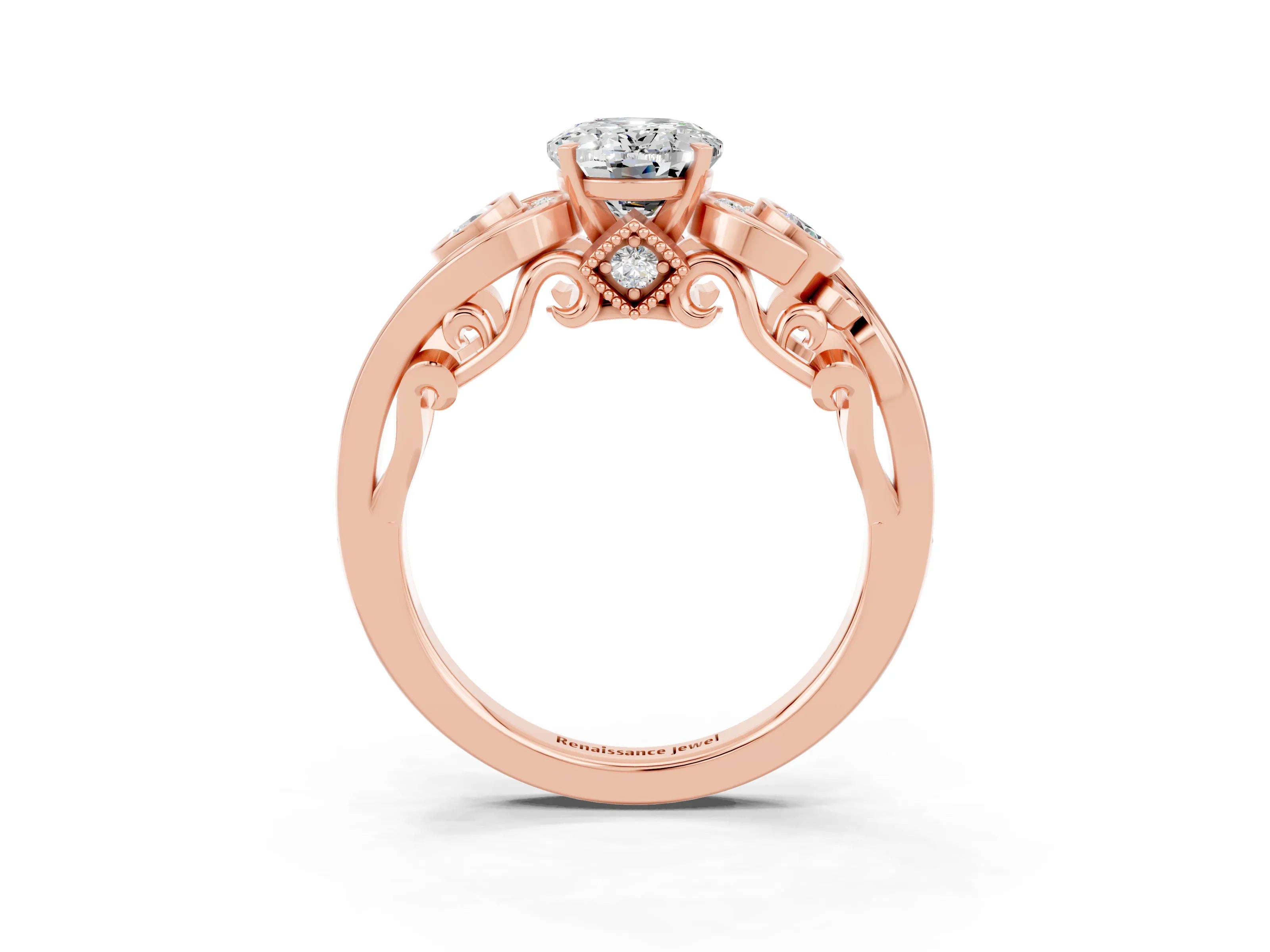 Rose gold Oval Cut Moissanite Solitaire Ring with Milgrain Pavé Band and Four-Prong Setting_27