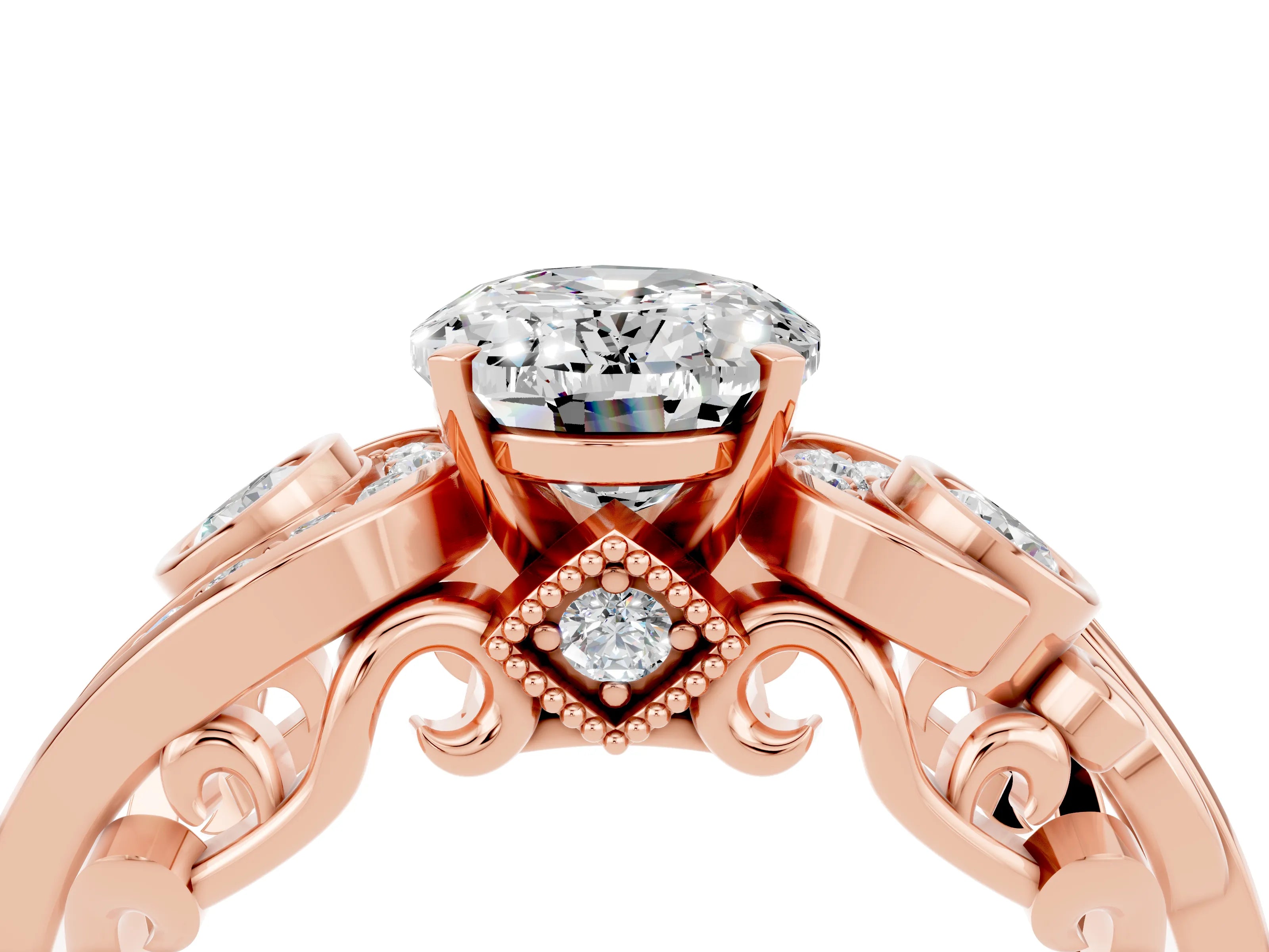Rose gold Oval Cut Moissanite Solitaire Ring with Milgrain Pavé Band and Four-Prong Setting_28