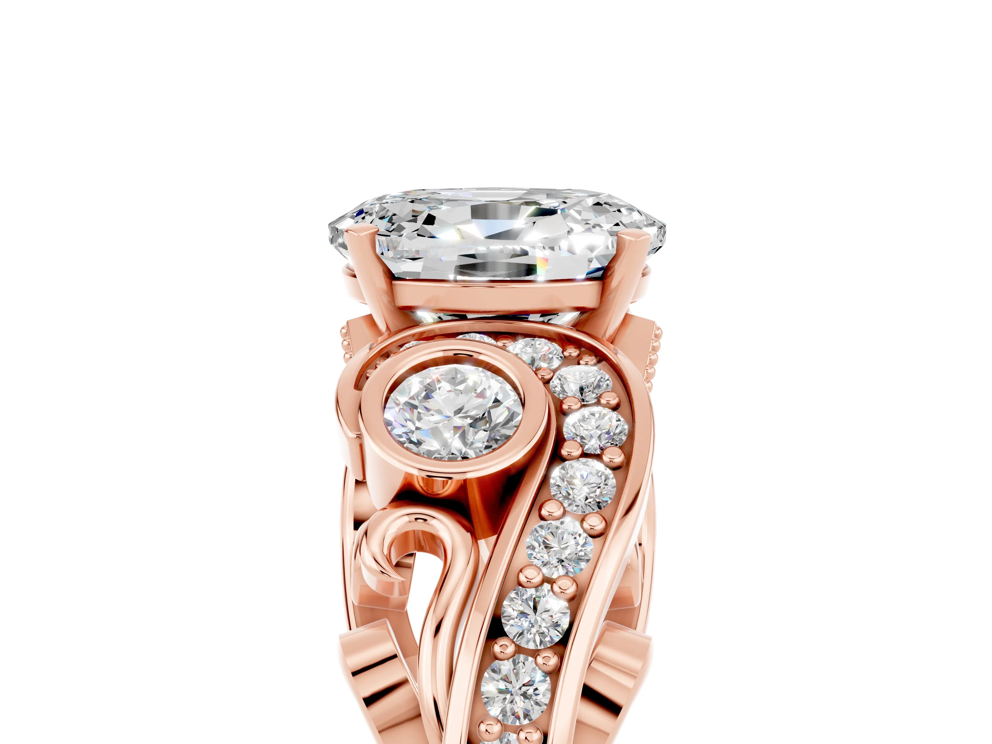 Rose gold Oval Cut Moissanite Solitaire Ring with Milgrain Pavé Band and Four-Prong Setting_29