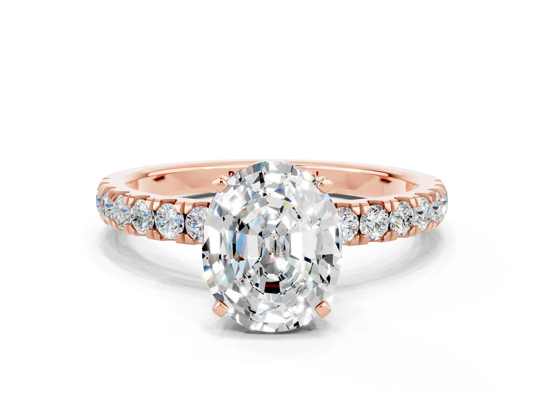 Rose gold Oval Cut Moissanite Solitaire Ring with Pavé Accents and Four-Prong Setting
