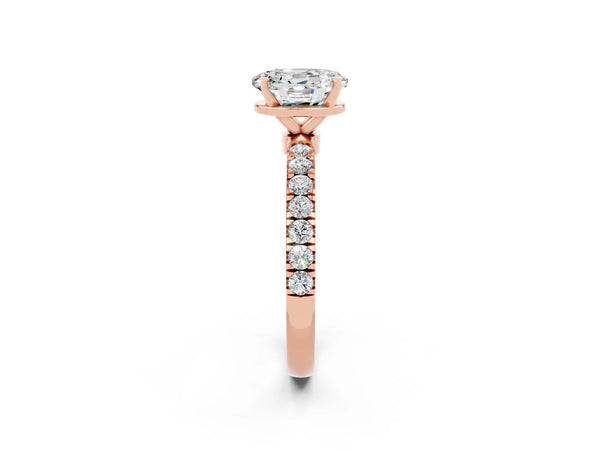 Rose gold Oval Cut Moissanite Solitaire Ring with Pavé Accents and Four-Prong Setting