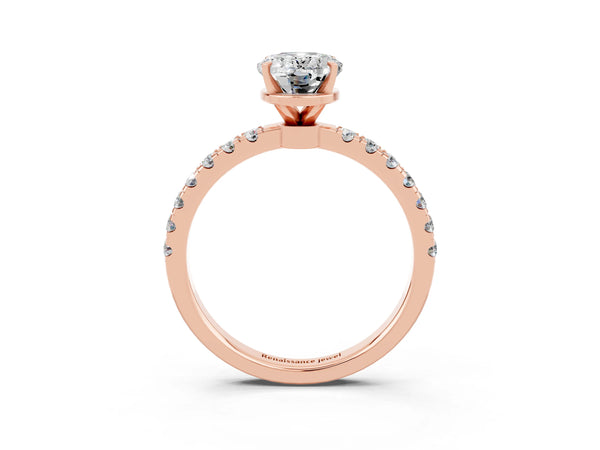 Rose gold Oval Cut Moissanite Solitaire Ring with Pavé Accents and Four-Prong Setting