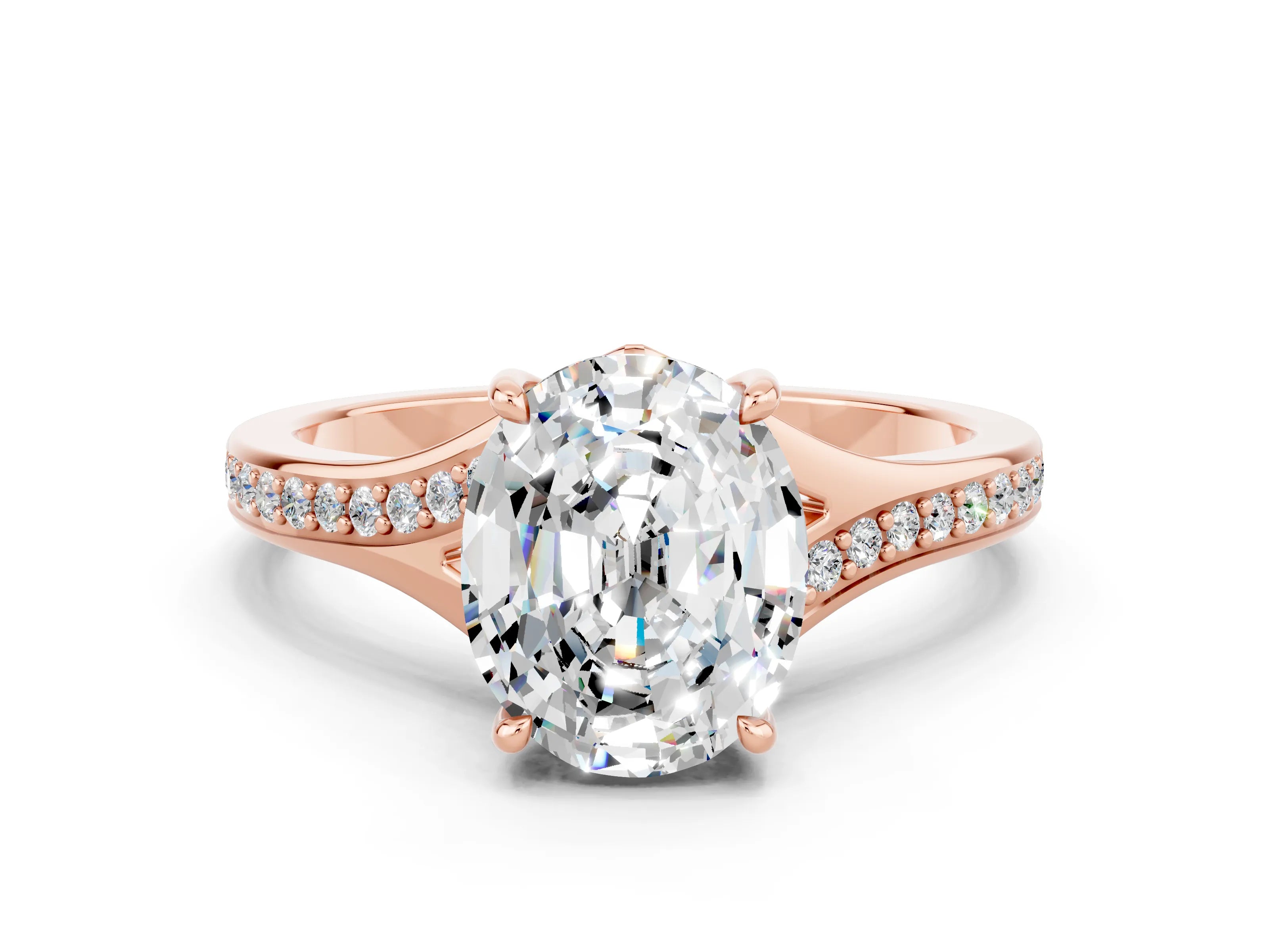 Rose gold Oval Cut Moissanite Solitaire Ring with Pavé Band and Prong Setting