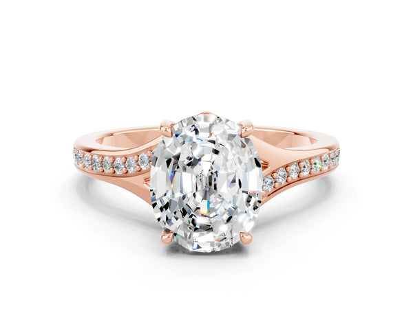 Rose gold Oval Cut Moissanite Solitaire Ring with Pavé Band and Prong Setting