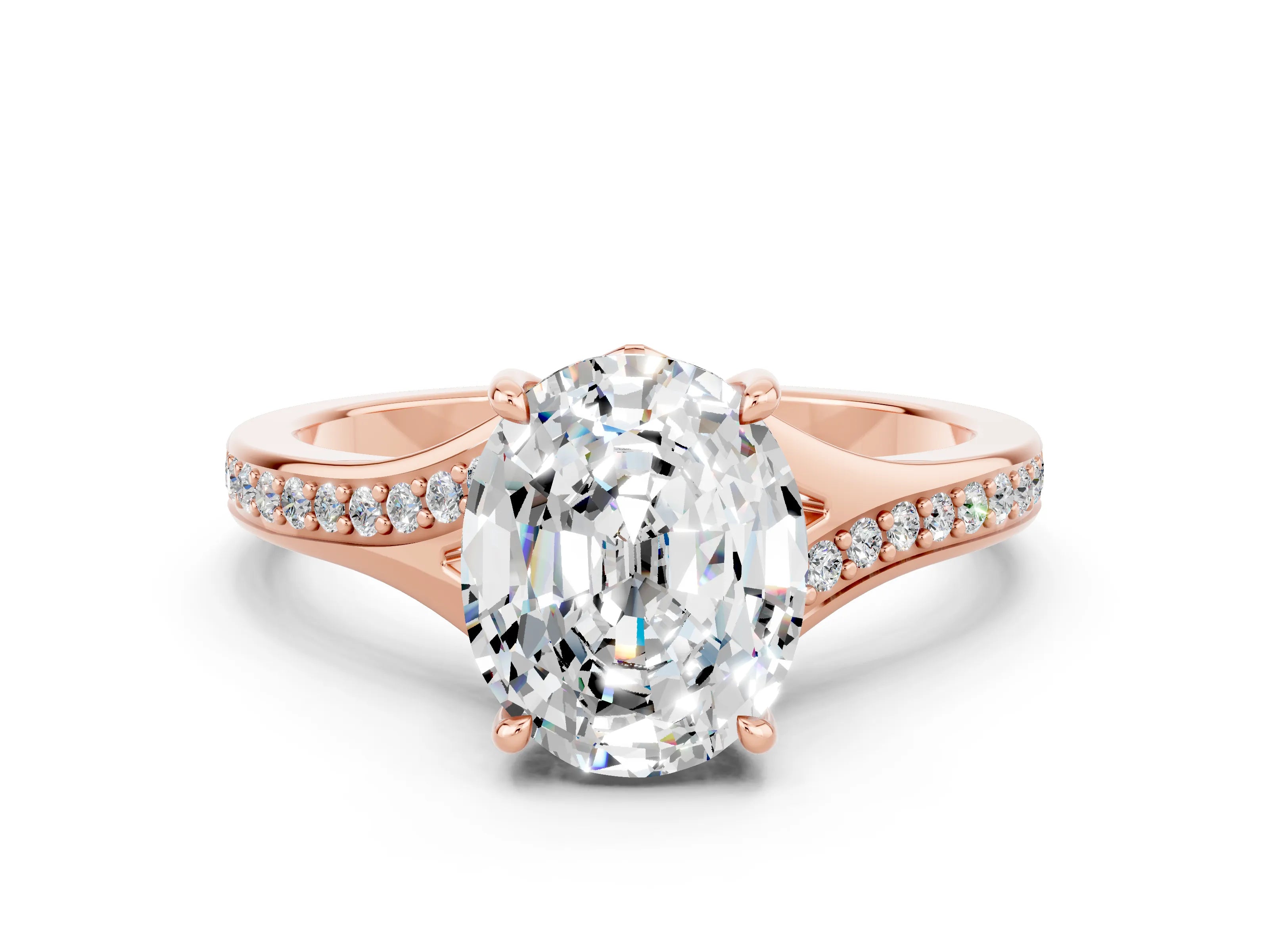 Rose gold Oval Cut Moissanite Solitaire Ring with Pavé Band and Prong Setting_12