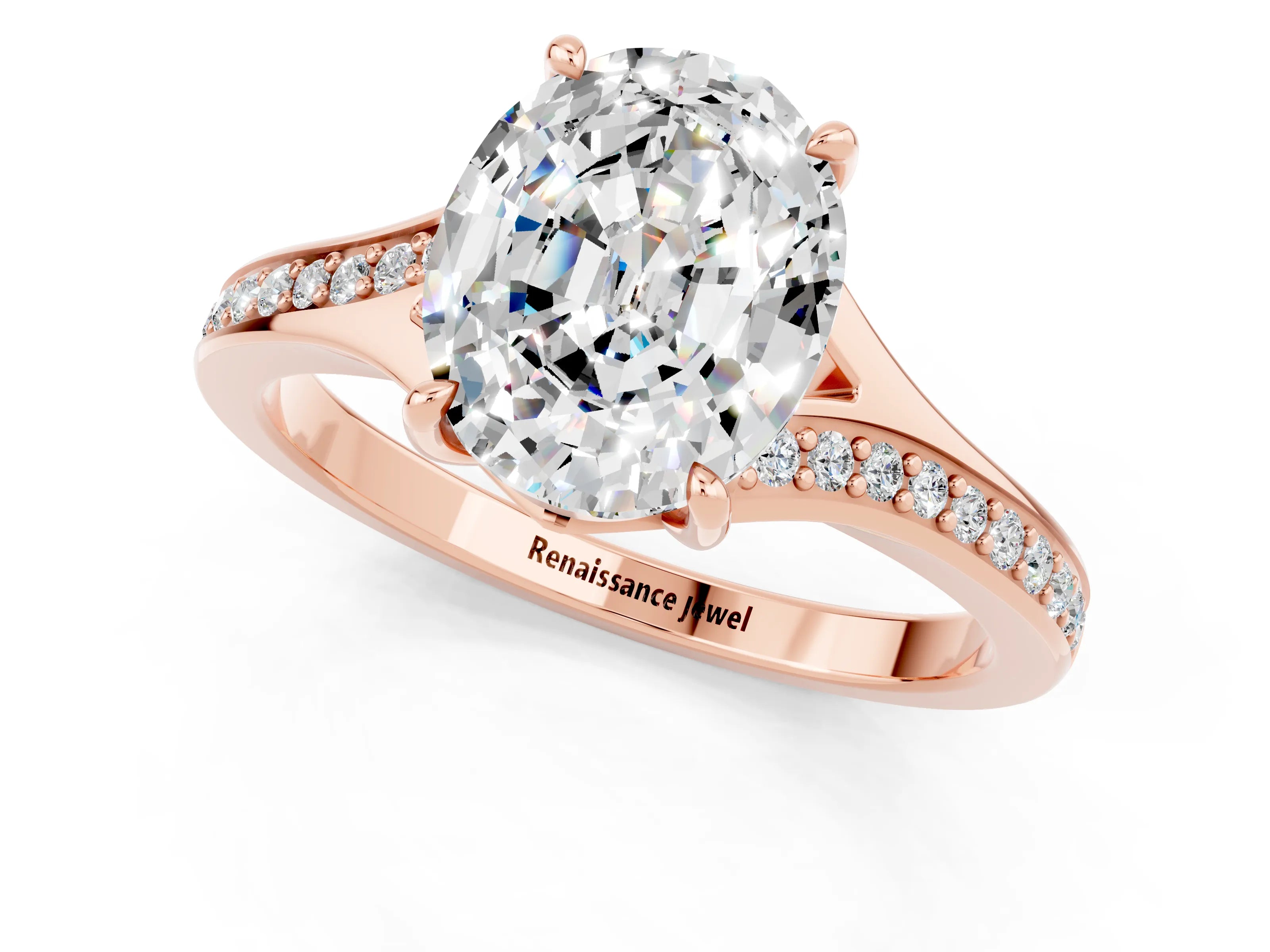 Rose gold Oval Cut Moissanite Solitaire Ring with Pavé Band and Prong Setting_13