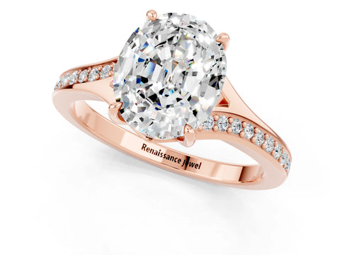 Rose gold Oval Cut Moissanite Solitaire Ring with Pavé Band and Prong Setting_13