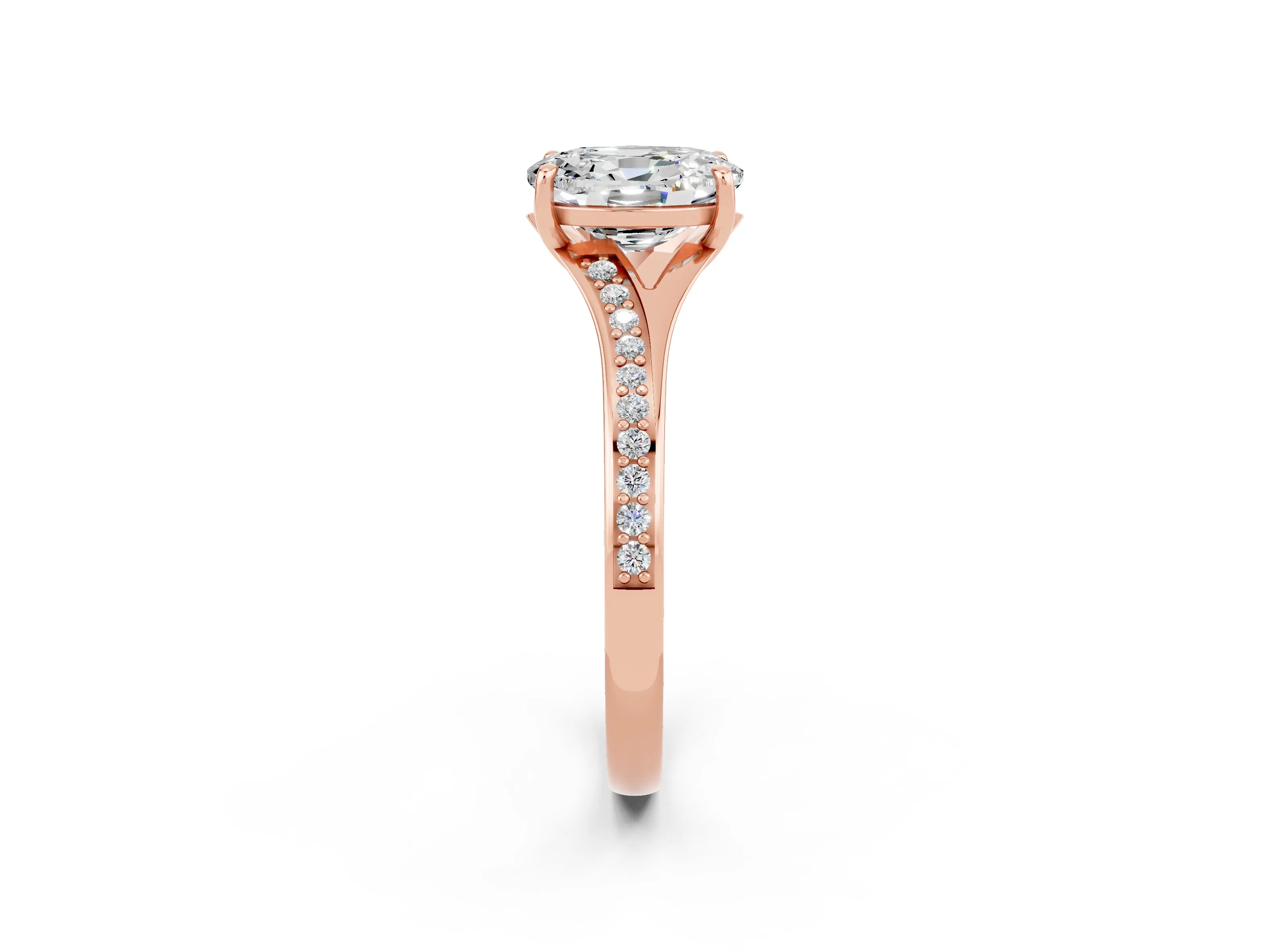 Rose gold Oval Cut Moissanite Solitaire Ring with Pavé Band and Prong Setting_14