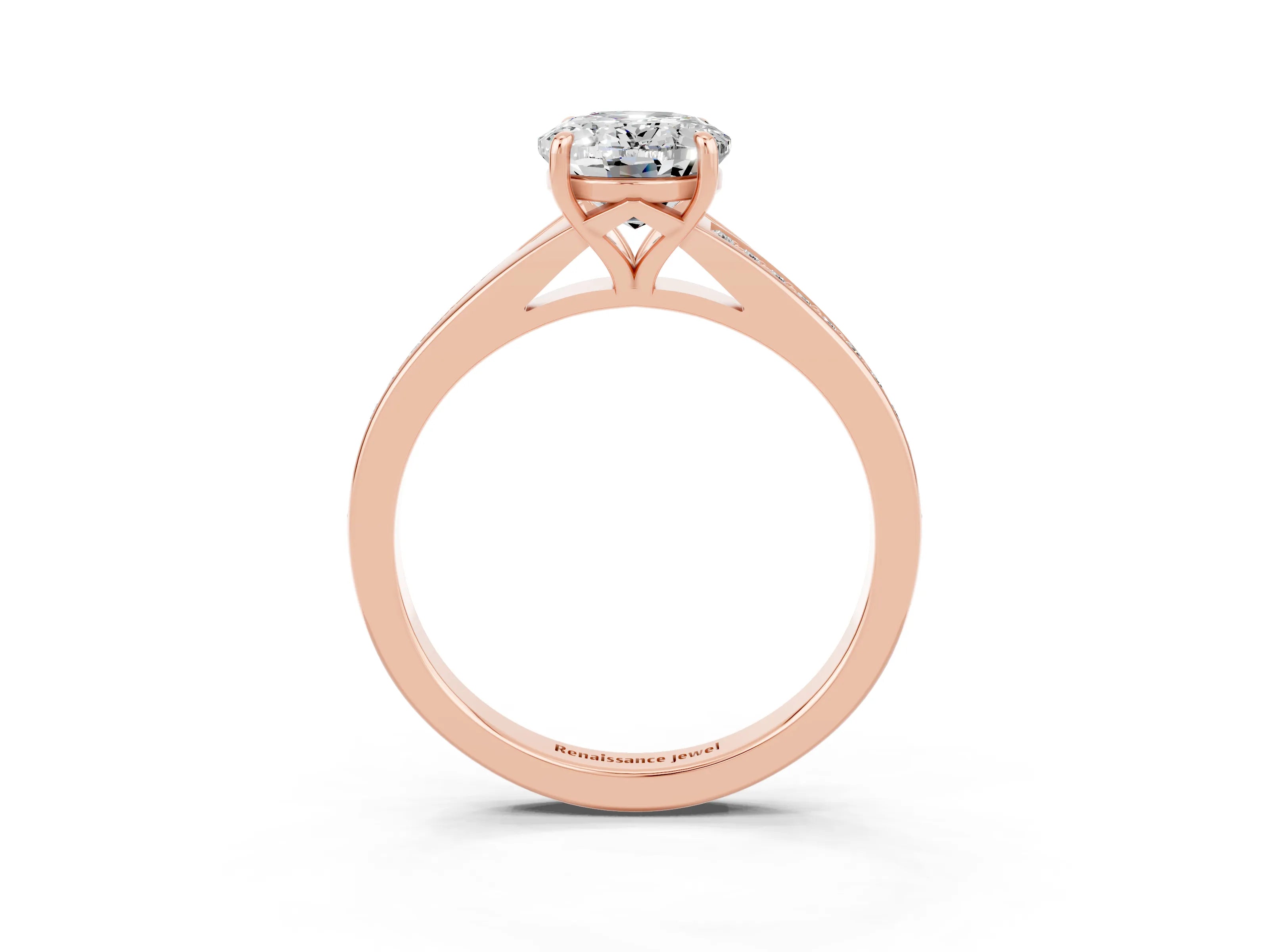 Rose gold Oval Cut Moissanite Solitaire Ring with Pavé Band and Prong Setting_15