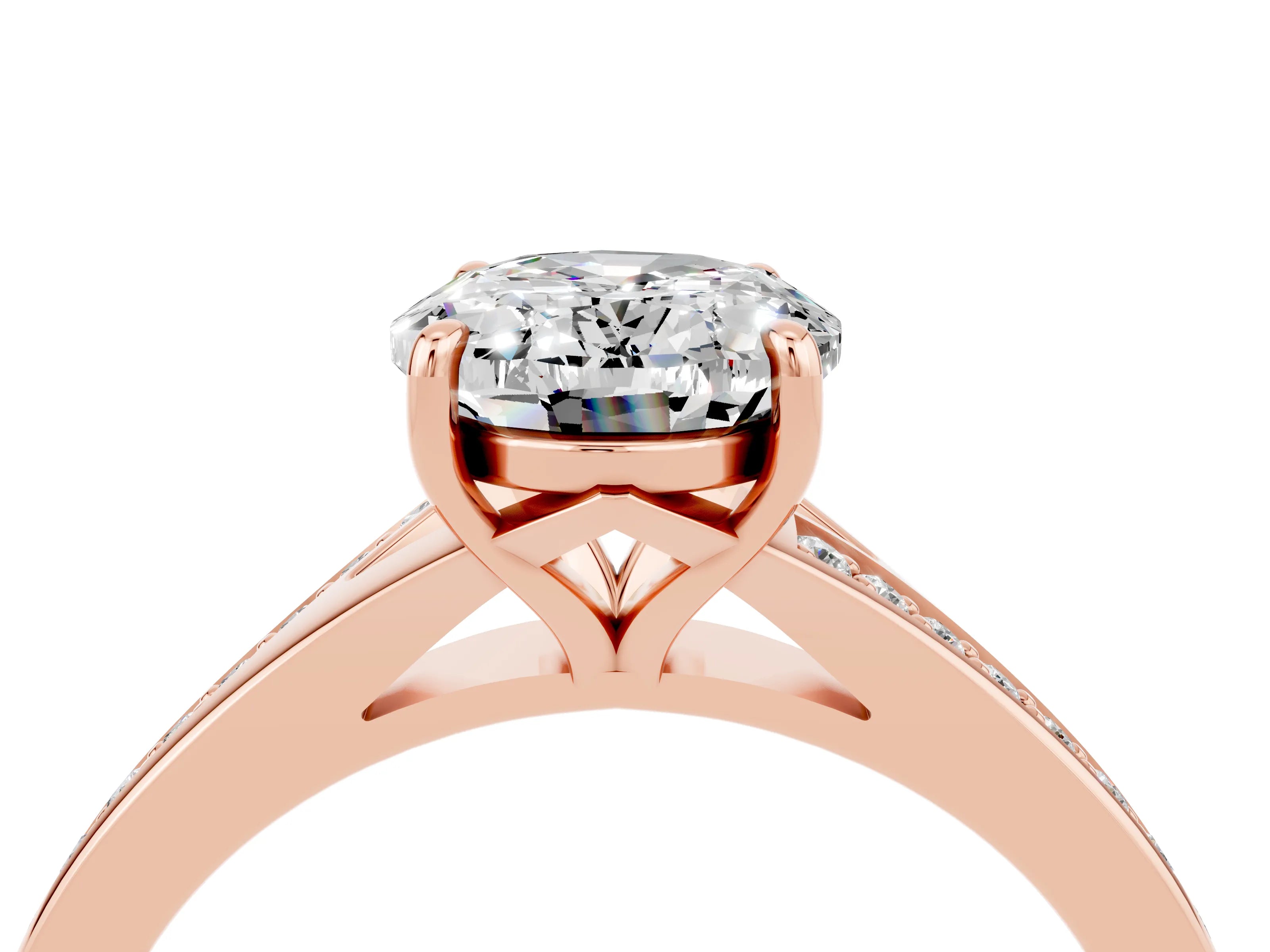 Rose gold Oval Cut Moissanite Solitaire Ring with Pavé Band and Prong Setting_16