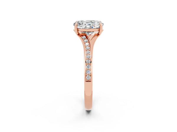 Rose gold Oval Cut Moissanite Solitaire Ring with Pavé Band and Prong Setting