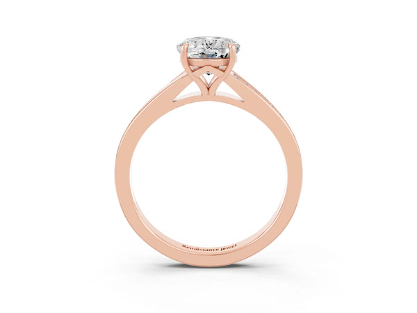 Rose gold Oval Cut Moissanite Solitaire Ring with Pavé Band and Prong Setting