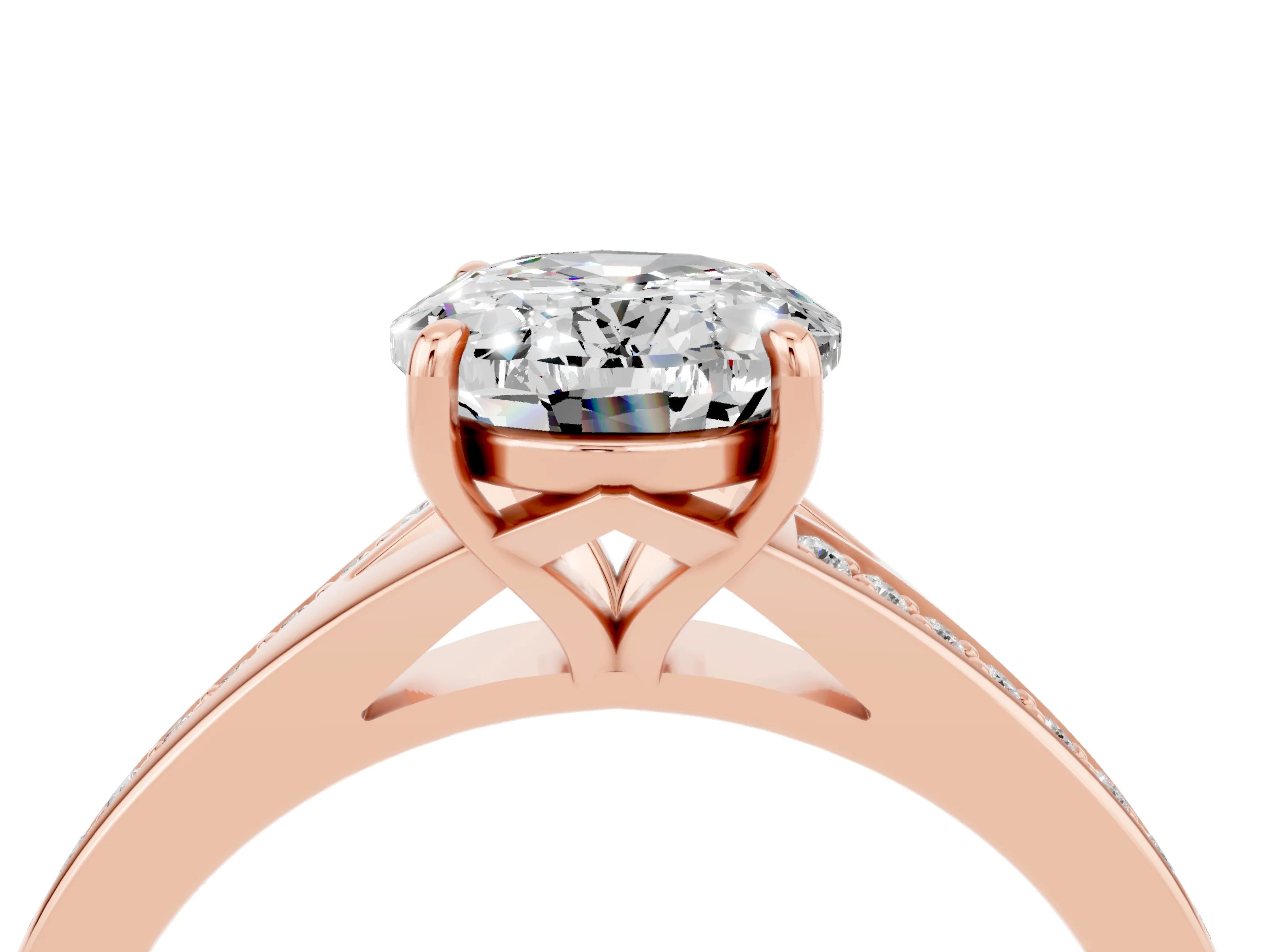 Rose gold Oval Cut Moissanite Solitaire Ring with Pavé Band and Prong Setting_4