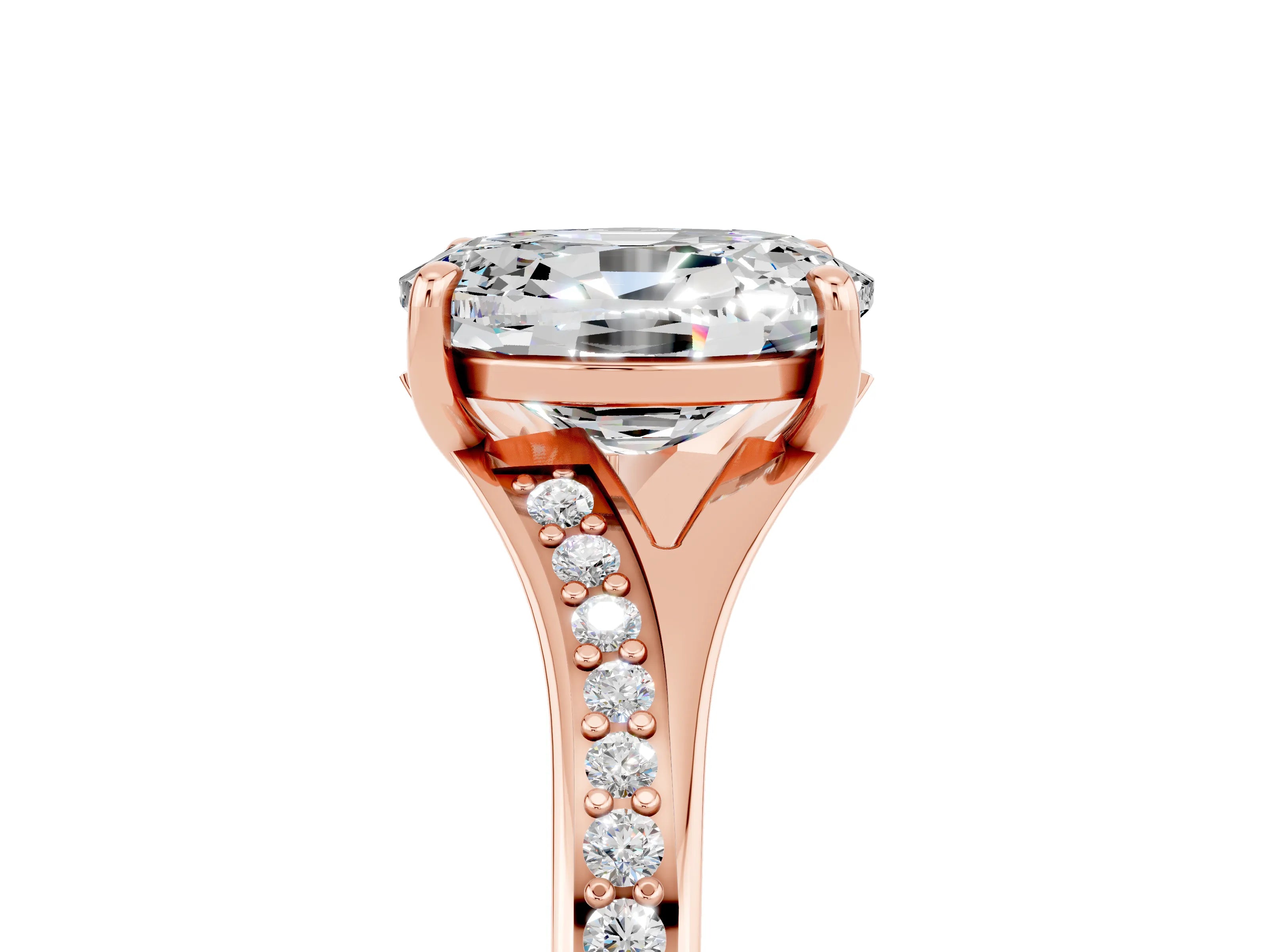 Rose gold Oval Cut Moissanite Solitaire Ring with Pavé Band and Prong Setting_5