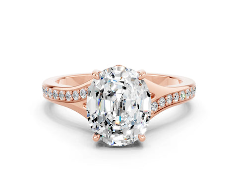 Rose gold Oval Cut Moissanite Solitaire Ring with Pavé Band and Prong Setting