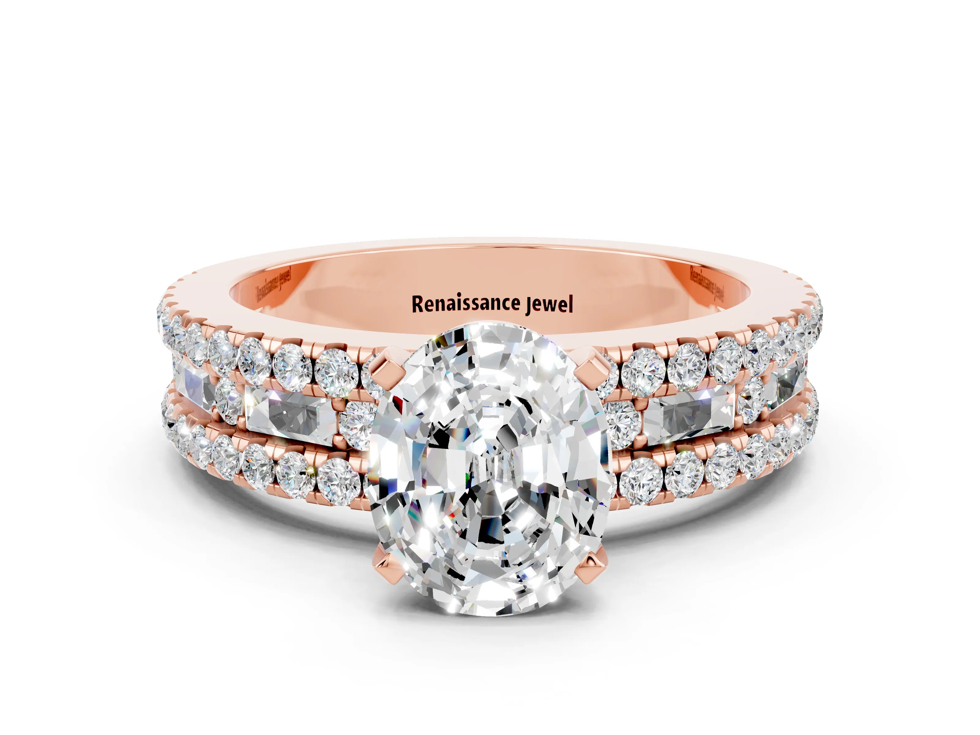 Rose gold Oval Cut Moissanite Solitaire Ring with Pavé and Channel Set Band