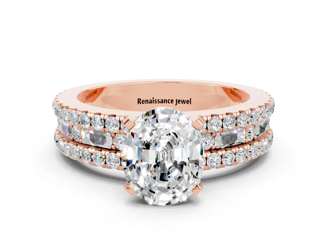 Rose gold Oval Cut Moissanite Solitaire Ring with Pavé and Channel Set Band