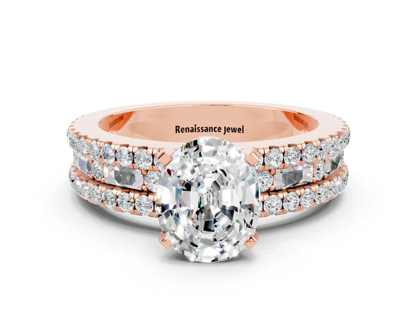 Rose gold Oval Cut Moissanite Solitaire Ring with Pavé and Channel Set Band