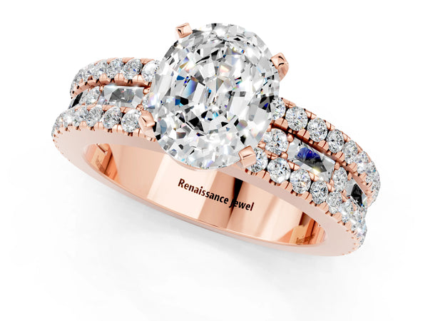 Rose gold Oval Cut Moissanite Solitaire Ring with Pavé and Channel Set Band