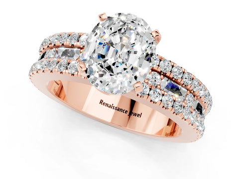 Rose gold Oval Cut Moissanite Solitaire Ring with Pavé and Channel Set Band_1