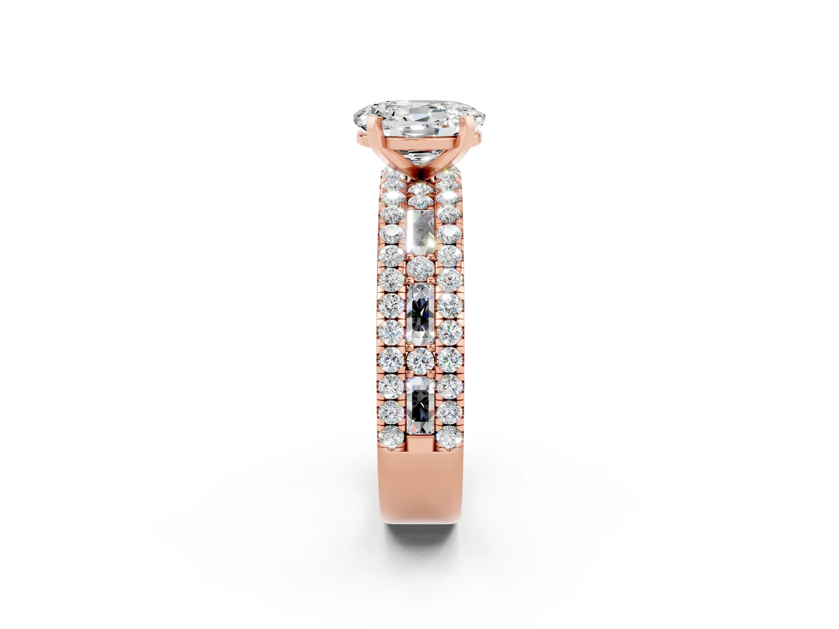 Rose gold Oval Cut Moissanite Solitaire Ring with Pavé and Channel Set Band_2