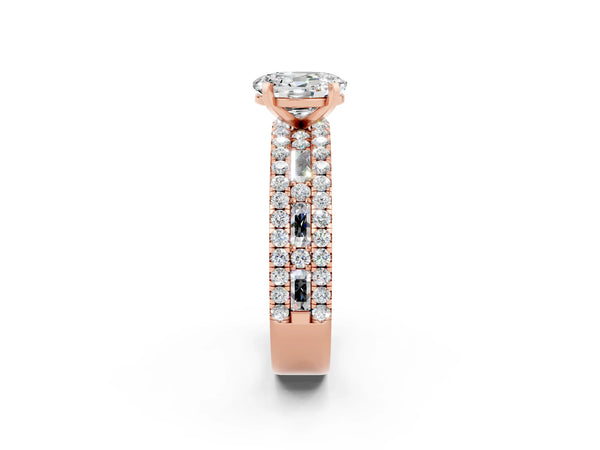 Rose gold Oval Cut Moissanite Solitaire Ring with Pavé and Channel Set Band