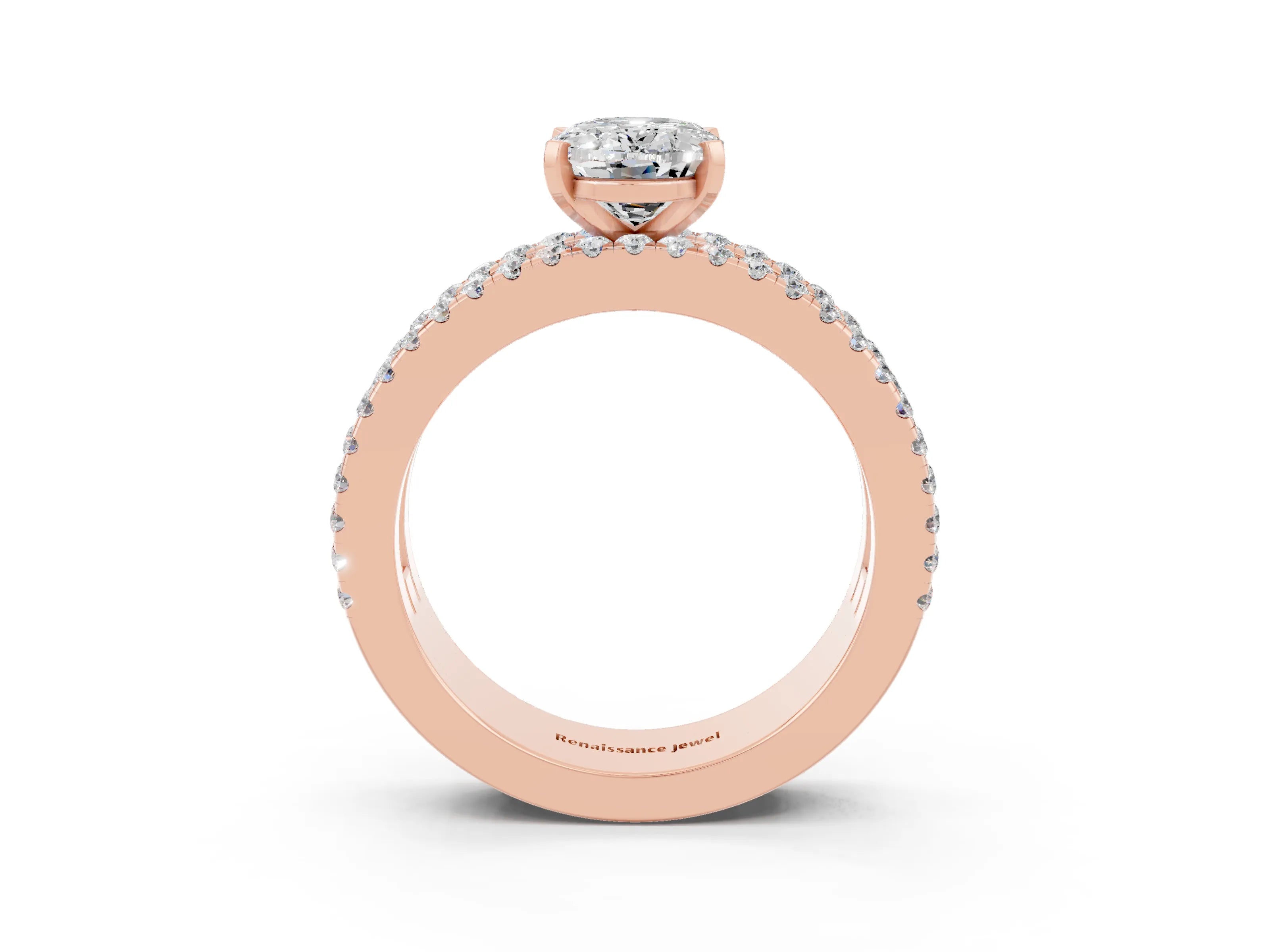 Rose gold Oval Cut Moissanite Solitaire Ring with Pavé and Channel Set Band_3