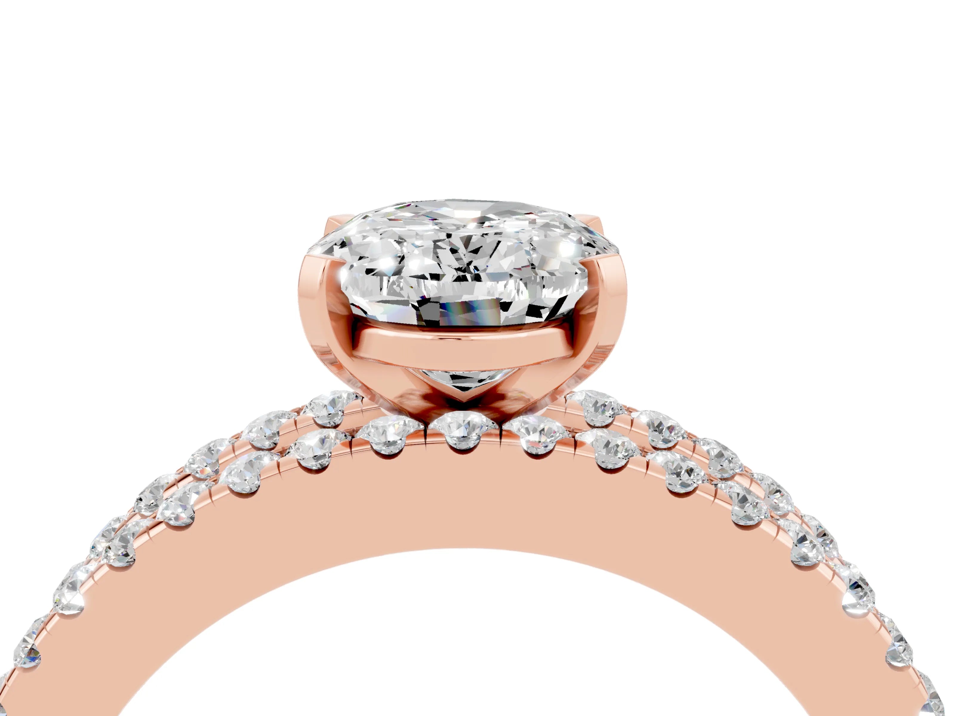 Rose gold Oval Cut Moissanite Solitaire Ring with Pavé and Channel Set Band_4